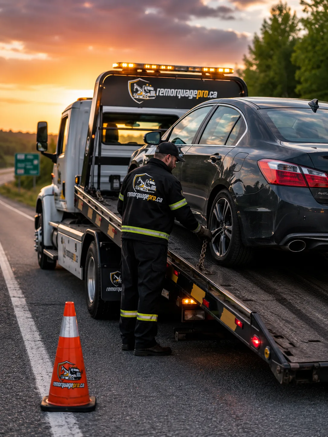Remorquage d'une voiture sur plateforme au bord de la route