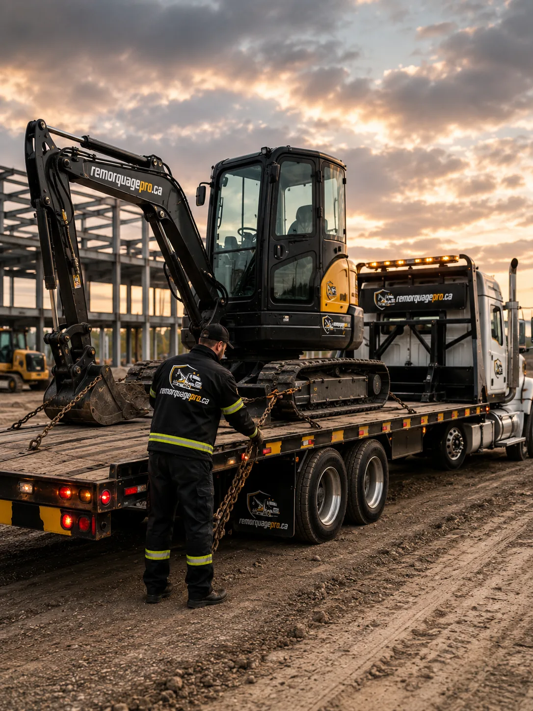 Transport d'une excavatrice sur remorque à plateforme